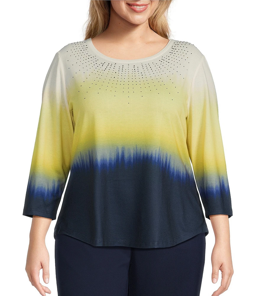 Allison Daley Plus Size Embellished Ombre Print 3/4 Sleeve Crew Neck Knit Top