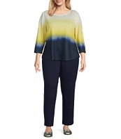 Allison Daley Plus Size Embellished Ombre Print 3/4 Sleeve Crew Neck Knit Top