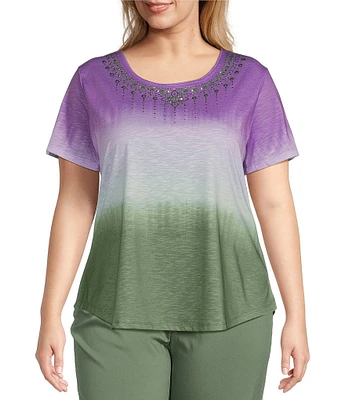 Allison Daley Plus Size Embellished Ombre Print Short Sleeve Crew Neck Knit Top