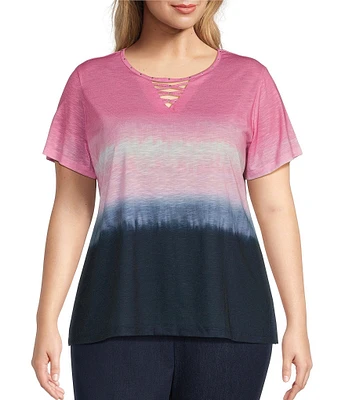 Allison Daley Plus Size Embellished Ombre Print Short Sleeve Keyhole Neck Knit Top
