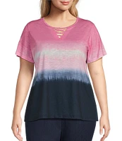 Allison Daley Plus Size Embellished Ombre Print Short Sleeve Keyhole Neck Knit Top