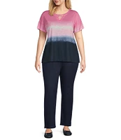 Allison Daley Plus Size Embellished Ombre Print Short Sleeve Keyhole Neck Knit Top