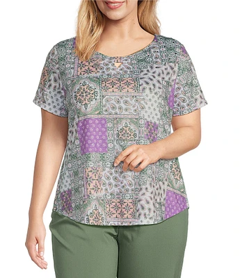 Allison Daley Plus Size Embellished Paisley Patch Print Short Sleeve Keyhole Neck Knit Top