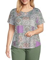 Allison Daley Plus Size Embellished Paisley Patch Print Short Sleeve Keyhole Neck Knit Top