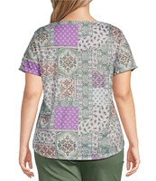 Allison Daley Plus Size Embellished Paisley Patch Print Short Sleeve Keyhole Neck Knit Top