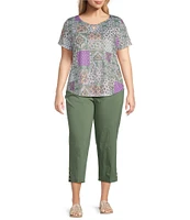 Allison Daley Plus Size Embellished Paisley Patch Print Short Sleeve Keyhole Neck Knit Top
