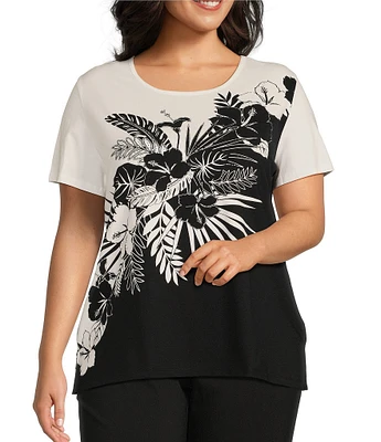 Allison Daley Plus Size Embellished Tropical Palm Print Short Sleeve Crew Neck Knit Top