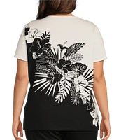 Allison Daley Plus Size Embellished Tropical Palm Print Short Sleeve Crew Neck Knit Top