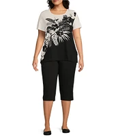 Allison Daley Plus Size Embellished Tropical Palm Print Short Sleeve Crew Neck Knit Top