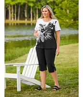Allison Daley Plus Size Embellished Tropical Palm Print Short Sleeve Crew Neck Knit Top
