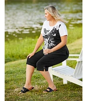 Allison Daley Plus Size Embellished Tropical Palm Print Short Sleeve Crew Neck Knit Top