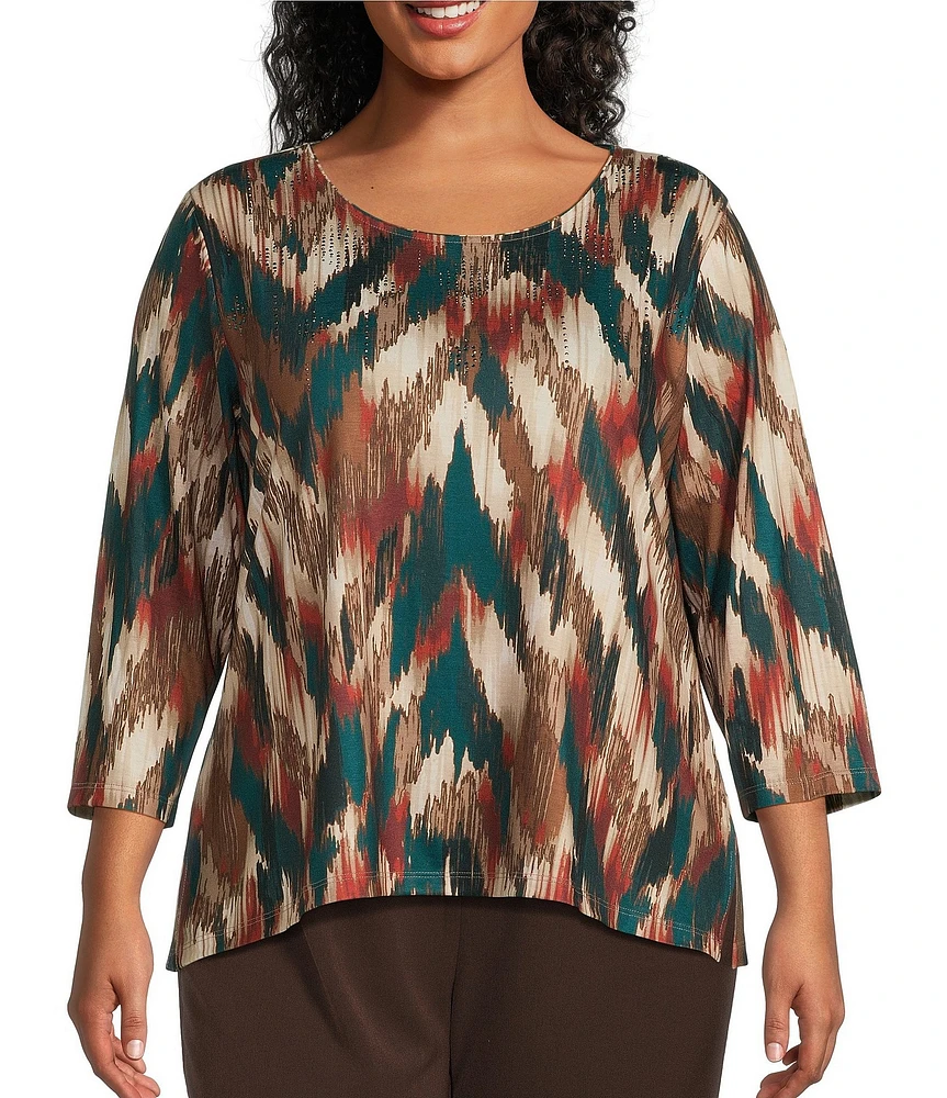 Allison Daley Plus Size Embellished Spruce Ikat Herringbone Print 3/4 Sleeve Crew Neck Knit Top