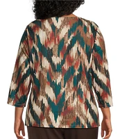 Allison Daley Plus Size Embellished Spruce Ikat Herringbone Print 3/4 Sleeve Crew Neck Knit Top