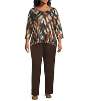 Allison Daley Plus Size Embellished Spruce Ikat Herringbone Print 3/4 Sleeve Crew Neck Knit Top