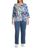 Allison Daley Plus Size Embellished Tropical Villa Print 3/4 Sleeve Crew Neck Knit Top