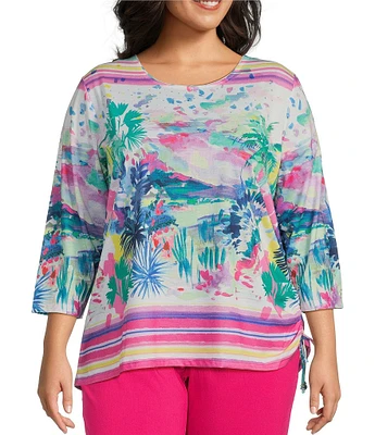 Allison Daley Plus Size Embellished Watercolor Tropics Print 3/4 Sleeve Crew Neck Ruched Side Tie Hem Knit Top