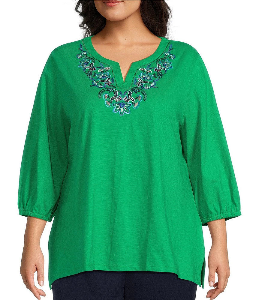 Allison Daley Plus Size Embroidered 3/4 Cuff Sleeve Split V-Neck Top