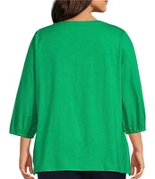 Allison Daley Plus Size Embroidered 3/4 Cuff Sleeve Split V-Neck Top