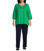 Allison Daley Plus Size Embroidered 3/4 Cuff Sleeve Split V-Neck Top