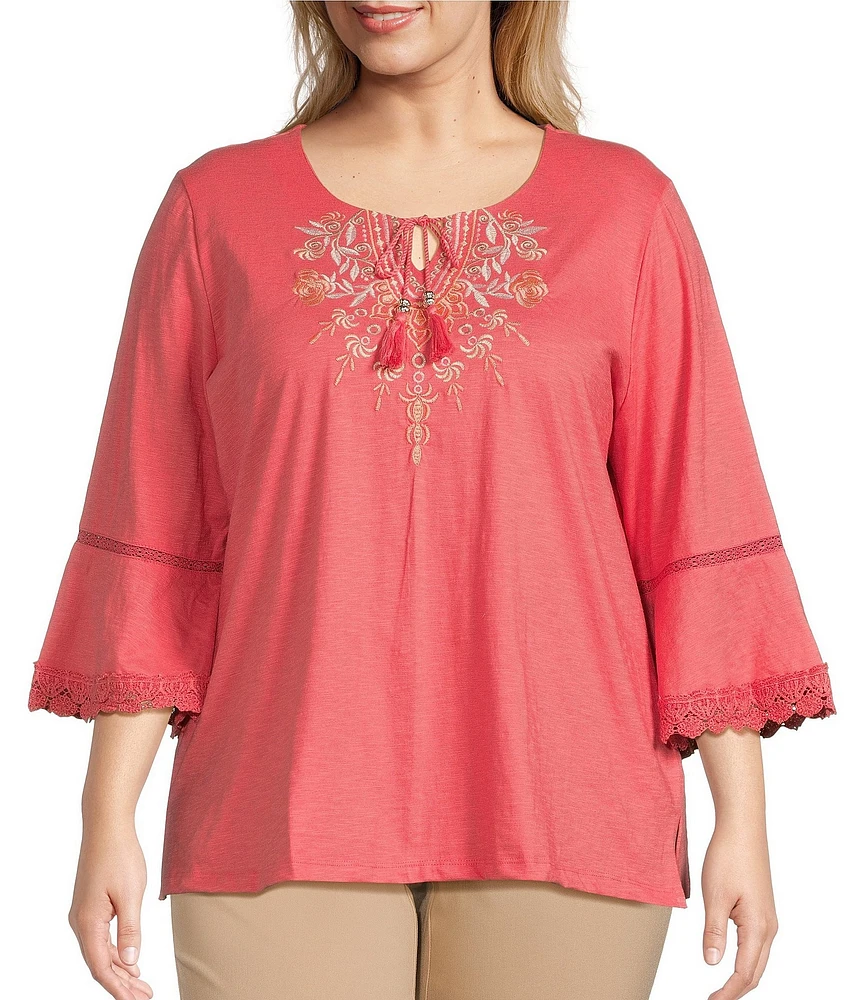 Allison Daley Plus Size Embroidered 3/4 Sleeve Split V-Neck Sweater