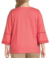 Allison Daley Plus Size Embroidered 3/4 Sleeve Split V-Neck Sweater