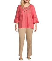 Allison Daley Plus Size Embroidered 3/4 Sleeve Split V-Neck Sweater