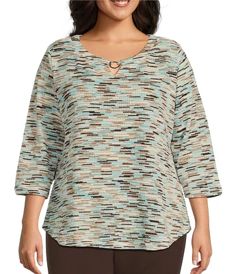 Allison Daley Plus Size Espresso Aqua Stripe 3/4 Sleeve Keyhole Neck Jewelry Ring Knit Top