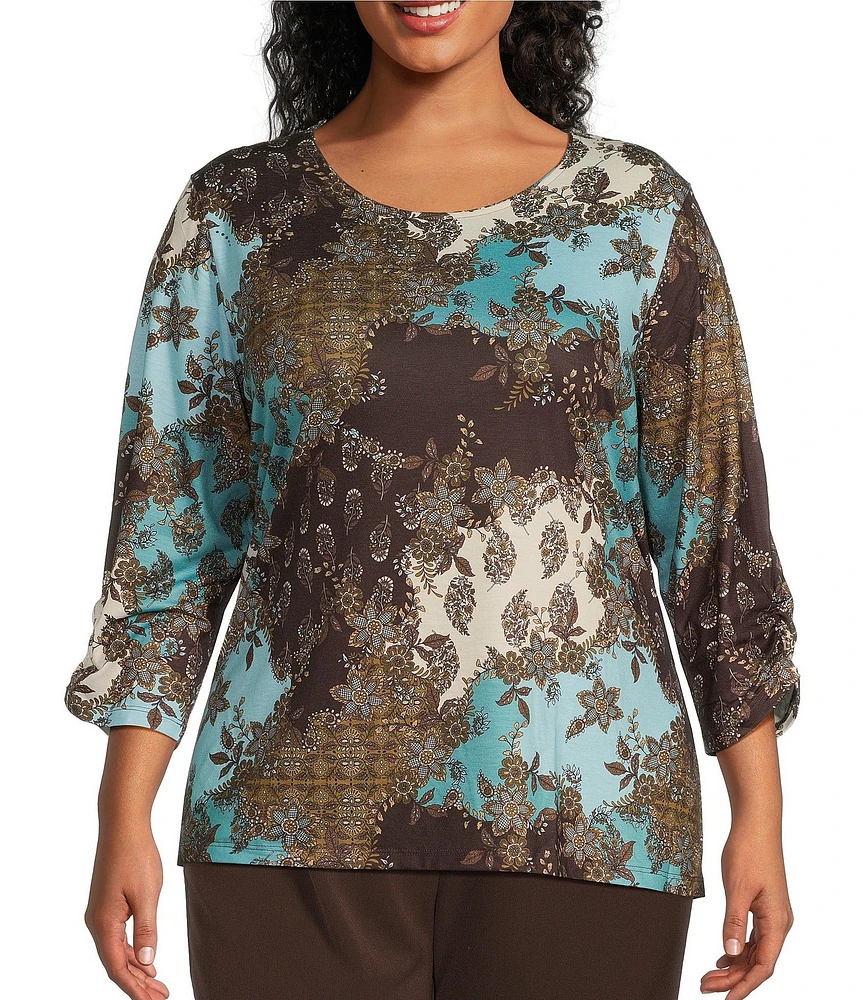 Allison Daley Plus Size Espresso Deco Patchwork Print 3/4 Ruched Sleeve Embellished Crew Neck Knit Top