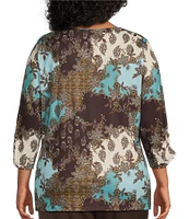 Allison Daley Plus Size Espresso Deco Patchwork Print 3/4 Ruched Sleeve Embellished Crew Neck Knit Top