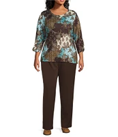 Allison Daley Plus Size Espresso Deco Patchwork Print 3/4 Ruched Sleeve Embellished Crew Neck Knit Top