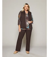 Allison Daley Plus Size Espresso Deco Patchwork Print 3/4 Ruched Sleeve Embellished Crew Neck Knit Top