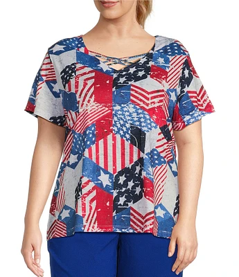 Allison Daley Plus Size Flag Patchwork Print Short Sleeve Criss Cross V-Neck Knit Top