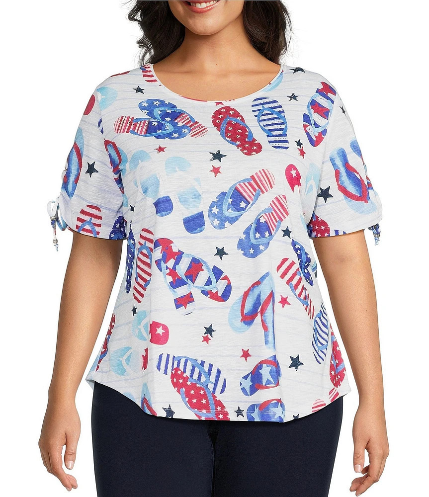 Allison Daley Plus Size Flip Flops Stars And Stripe Print Short Ruched Tie Sleeve Crew Neck Knit Top