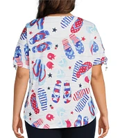 Allison Daley Plus Size Flip Flops Stars And Stripe Print Short Ruched Tie Sleeve Crew Neck Knit Top
