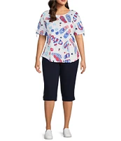 Allison Daley Plus Size Flip Flops Stars And Stripe Print Short Ruched Tie Sleeve Crew Neck Knit Top