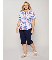 Allison Daley Plus Size Flip Flops Stars And Stripe Print Short Ruched Tie Sleeve Crew Neck Knit Top