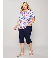 Allison Daley Plus Size Flip Flops Stars And Stripe Print Short Ruched Tie Sleeve Crew Neck Knit Top