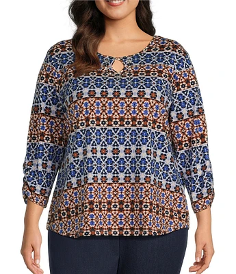 Allison Daley Plus Size Floral Batik Print 3/4 Ruched Sleeve Keyhole Neck Knit Top