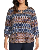 Allison Daley Plus Size Floral Batik Print 3/4 Ruched Sleeve Keyhole Neck Knit Top