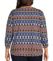 Allison Daley Plus Size Floral Batik Print 3/4 Ruched Sleeve Keyhole Neck Knit Top