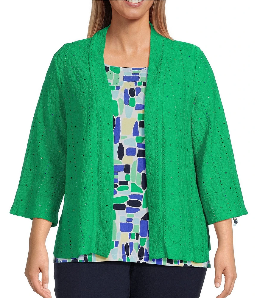 Allison Daley Plus Size Floral Eyelet Knit 3/4 Sleeve Open Front Cardigan