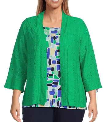 Allison Daley Plus Size Floral Eyelet Knit 3/4 Sleeve Open Front Cardigan