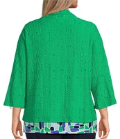 Allison Daley Plus Size Floral Eyelet Knit 3/4 Sleeve Open Front Cardigan