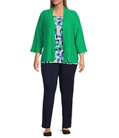 Allison Daley Plus Size Floral Eyelet Knit 3/4 Sleeve Open Front Cardigan