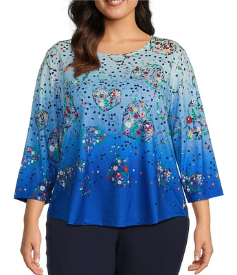 Allison Daley Plus Size Floral Hearts Print 3/4 Sleeve Crew Neck Knit Top