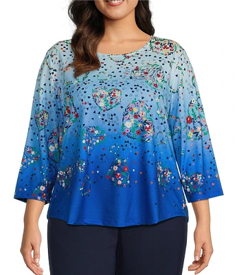 Allison Daley Plus Size Floral Hearts Print 3/4 Sleeve Crew Neck Knit Top