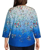 Allison Daley Plus Size Floral Hearts Print 3/4 Sleeve Crew Neck Knit Top