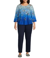 Allison Daley Plus Size Floral Hearts Print 3/4 Sleeve Crew Neck Knit Top