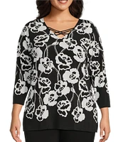 Allison Daley Plus Size Floral Print 3/4 Sleeve Criss Cross V-Neck Knit Top