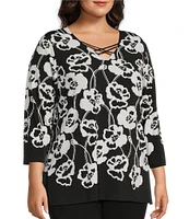 Allison Daley Plus Size Floral Print 3/4 Sleeve Criss Cross V-Neck Knit Top
